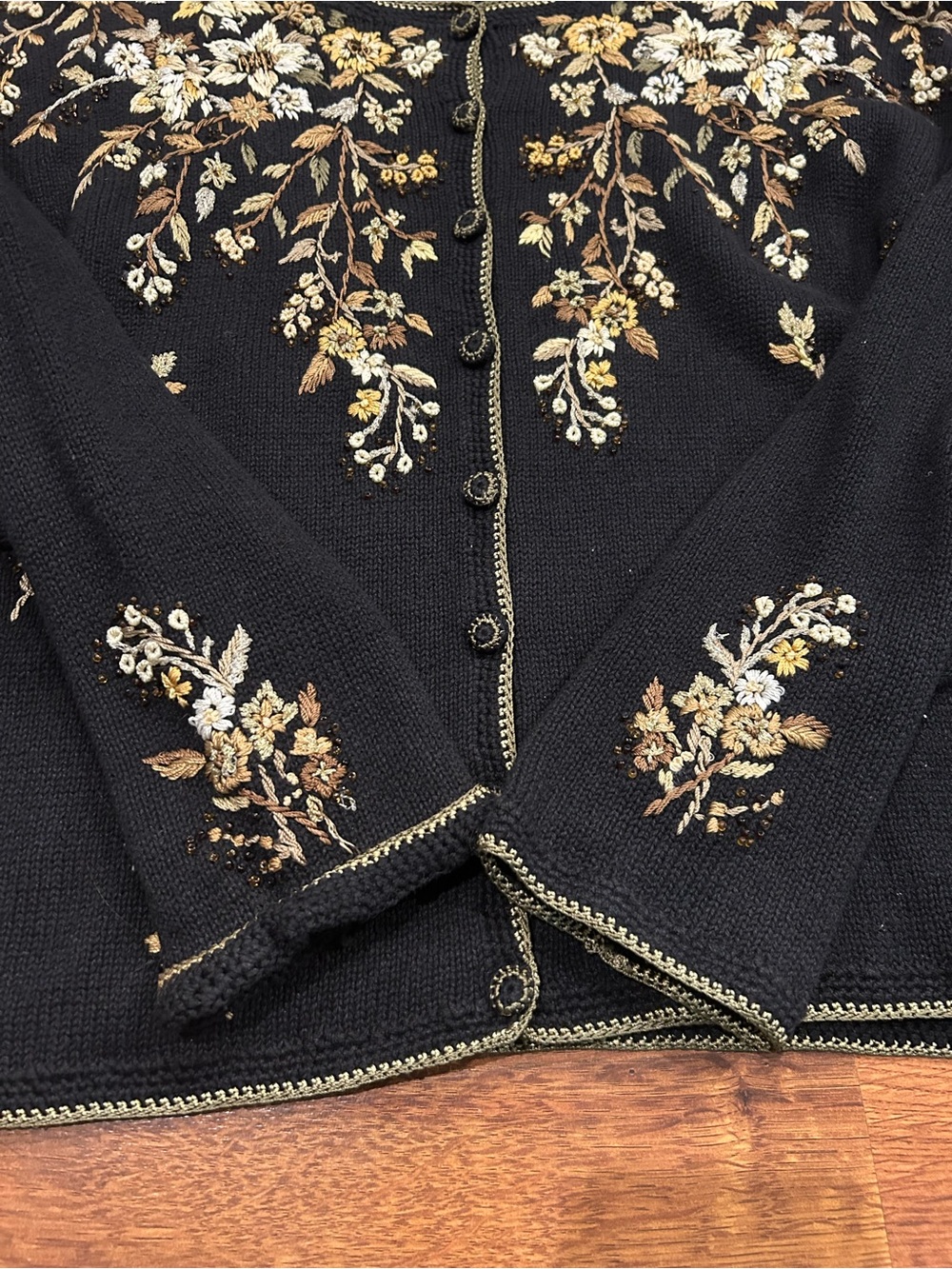 Tiara International Cardigan Black Sweater Embroidered Floral XL Cottagecore - Picture 6 of 8